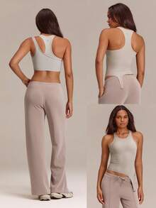 GLOWMODE Double Glow Waist-Length Two-Tone Reversible Tank Top With Removable Cups Daily Casual - Khaki - View 9