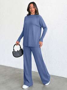 SHEIN Tall 女式立领插肩袖针织毛衣 2 件套 - 霧霾藍 - 查看 4