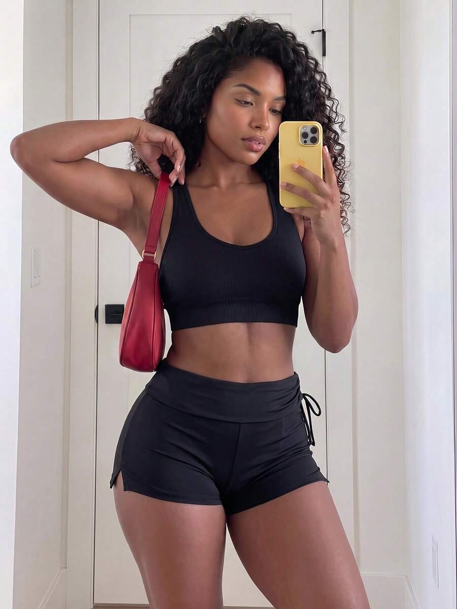 SHEIN Core Rhythm Women's Plus Size Solid Color Drawstring Waist Sports Shorts Bottoms Athletic Alternative Kawaii Gym Black Summer Gym Fair - Black - View 1