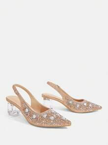 CUCCOO TILAWA Women's Crystal And Glass Rhinestone Pointed Light Gold High-Heeled Shoes, Suitable For Going Out, Banquets, Parties And Other Activities - Light gold - View 3