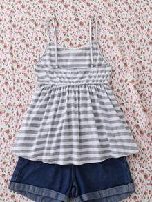 1pc Women's/Teen Girls Casual Summer Fitted Striped Camisole, Stretchy, Slim, Off, Ruched, Cropped - Grey - View 2