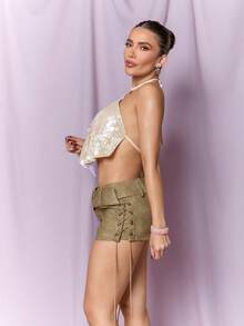 Dania Mndz Shop Women's Champagne Gold Sequin Backless Halter Top,70s Party Night Out Summer Beach Boho Tropical Concert Rave Festival Nashville Western Wear White - White - View 6