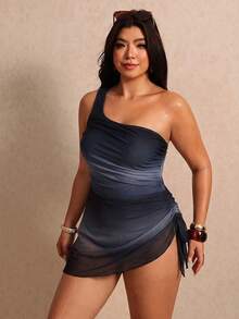 Elaquor Traje de baño de una pieza para mujer talla grande, tejido elástico, un hombro, estampado tropical sexy para playa, ropa de baño casual para vacaciones de verano - Multicolor - Ver 7