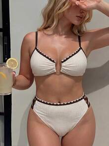 SHEIN Swim 2026 New Spring/Summer Plus Size 2-Piece Bikini Set Set, Large Scoop Neck, Black With White Polka Dot Random Print, Suitable For Beach And Vacation Wear - Beige - View 2