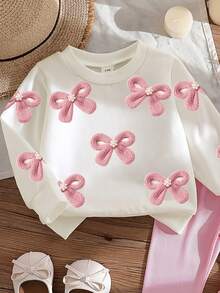 SHEIN Playful Pals 2件組女嬰春秋米色與粉色甜美溫柔風 3D針織蝴蝶結滿版印花圓領長袖上衣與直條紋修身長褲套裝，寬鬆舒適，適合日常穿著、戶外玩耍、家庭聚會、1歲生日派對、拍照 - 粉色 - 查看 6