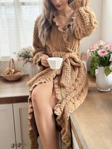 Snug Reverie Long Sleeve Patchwork Wood Ear Trim Floral Velvet Long Robe, Autumn/Winter - Khaki - View 6