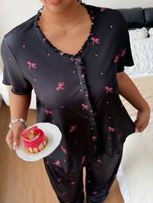 Napfluff CURVE Napfluff CURVE Conjunto de manga corta de punto acanalado con lazos en todo el diseño para mujer de talla grande - Negro - Ver 4