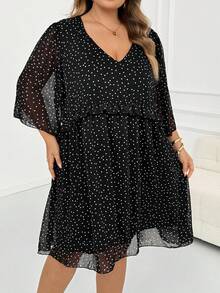 SHEIN CURVE+ Plus Size French Fashion Polka Dot Print Ruffle V-Neck Dress Fall - Black and White - View 9