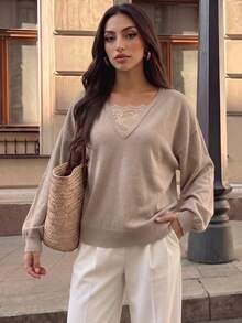 Duskaine Women's Lace Patchwork Batwing Sleeve Sweater - Khaki - View 5