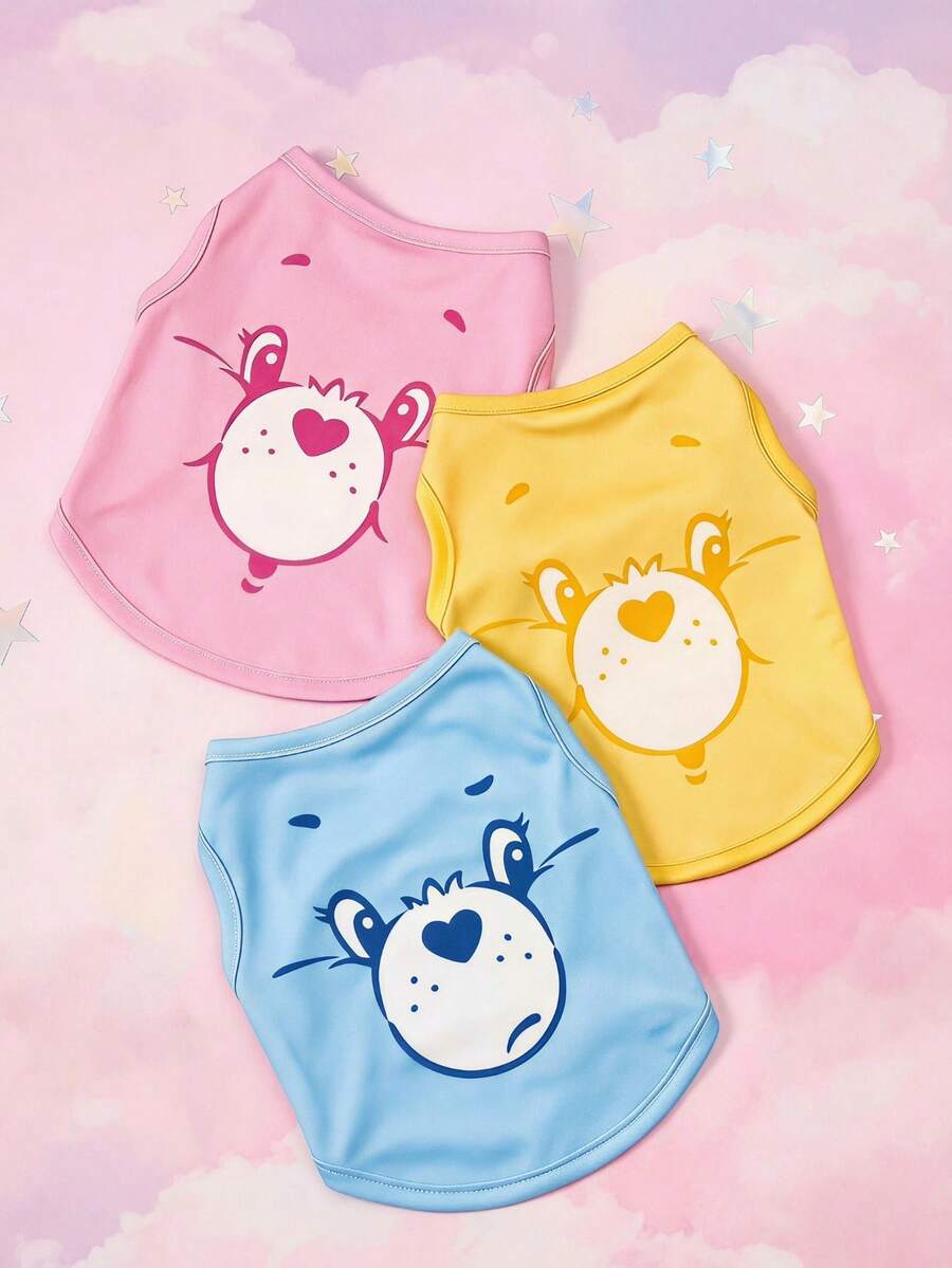 Care Bears X PETSIN PETSIN 3 pièces Ensemble de débardeur pour animal de compagnie avec motif mignon d'ours amoureux, comprenant du rose, du bleu et du jaune. Matériau doux, respirant et confortable à porter. Style décontracté d'été, idéal pour la promenade quotidienne, le jeu et la détente à la maison - Multicolore - Voir 1