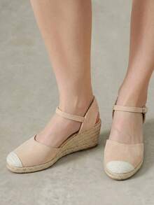Styleloop Sandalias de tacón alto para mujer con tiras cruzadas de goma y cuerda de paja - Albaricoque - Ver 4