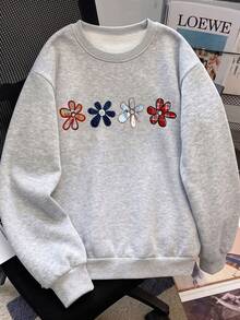 GlowEve CURVE Plus Size Grey Crew Neck Long Sleeve Thermal Lined Floral Print Sweatshirt - Grey - View 6