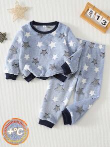 SHEIN 兒童小男孩冬季卡通刺繡恐龍圖案圓領落肩長袖上衣與長褲 2件組 柔軟舒適雙層睡衣套裝 - 彩色 - 查看 3