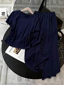 一件式短袖休闲印花春夏少女夏季通勤套装，运动休闲直筒裤，短袖轻便舒适两件套。 - 藏蓝色 - 查看 3