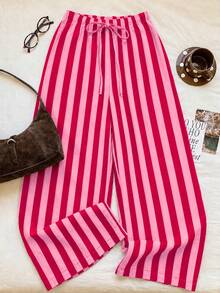 SHEIN EZwear 女款休閒腰部綁帶直筒長褲，適合夏季 - 粉色 - 查看 5