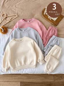 SHEIN LMoss Kids 女童 3 件組針織純色圓領寬鬆休閒秋季運動衫套裝 - 彩色 - 查看 8