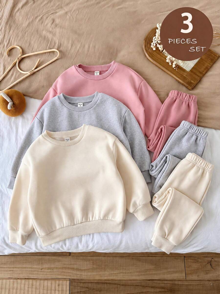 SHEIN LMoss Kids 女童 3 件組針織純色圓領寬鬆休閒秋冬衛衣套裝 - 彩色 - 查看 1