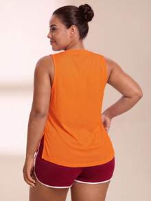 SHEIN Rhythm Era Women's Plus Size Letter Print Split Design Casual Versatile Daily Wear Sports T-Shirt - Coral Orange - View 5