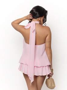 Dania Mndz Shop Women's Elegant Light Yellow Halter Tie Mini Dress Party Summer - Baby Pink - View 3