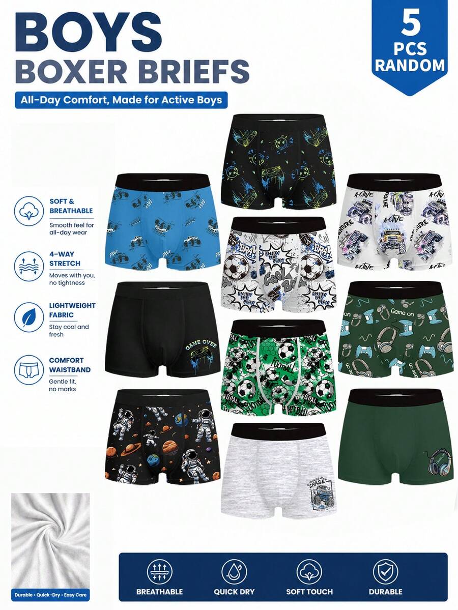 Teen Boys Boxer Briefs 5-Pack Random Assortment, Multiple Pixel Style Soccer Print Mix, Soft Skin-Friendly - Multicolor - View 1
