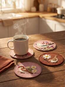 Haus Hana 4PCS/8PCS Anti-Scald Round Dining Pad, Wear-Resistant Imitation Woven Printed Fabric, Vintage Floral Bird Pattern Anti-Slip Isolation Coaster For Indoor Tea Table Kitchen Layout, Gift For Home Aesthetic Arrangement Enthusiasts Festival Gift - Multicolor - View 7