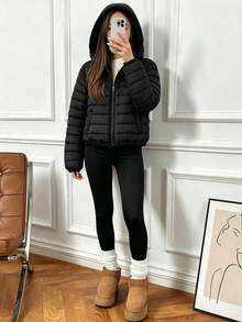 SHEIN Jaket Kasual Minimalis Serbaguna Mudah Dipakai untuk Remaja Perempuan, Berkerudung, Cocok untuk Musim Gugur/Dingin, Sesuai untuk Jalan-jalan dan Berpergian, Gaya Serbaguna - Hitam - View 12