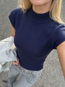 Aloruh Women's Casual Crew Neck Stand Collar Pullover Knit Top, Navy Blue, Early Autumn, Back To School - Navy Blue - View 1