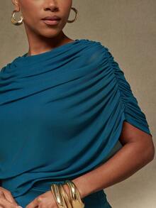 Vixey Women's Solid Color Design Pleated Cape Top, Summer/Spring Elegant Top, Office Work Wear, Chic Top, Everyday Blouse, Effortless Style - Dark Green - View 4