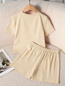 SHEIN Teen Girls 2pcs/Set Short Sleeve Round Neck Summer Pink Casual Outfit, Outfits, Beach, Boho, Concert, Gym - Apricot - View 5