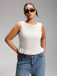 LYSMO Plus Size Summer Boho Women's Elastic Ruched Spaghetti Strap Tank Top - White - View 4