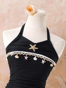 SHEIN Teen Girls' Halter Neck Ruched Ruffle Hem Summer Fashion Dress Beach Black - Black - View 3
