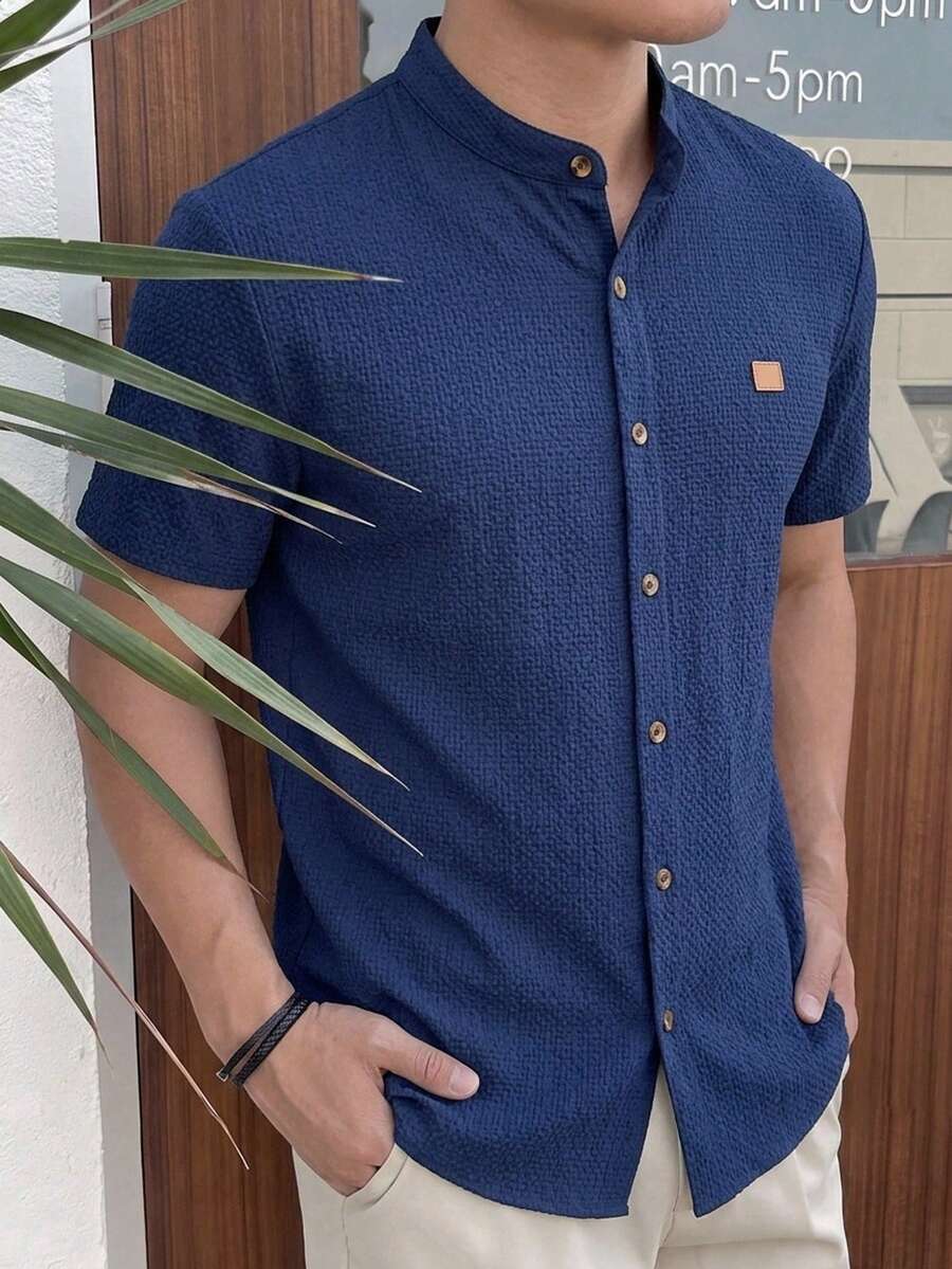 HIMLAND 男士圓領單排扣休閒百搭日常穿著襯衫 - 藍色 - 查看 1