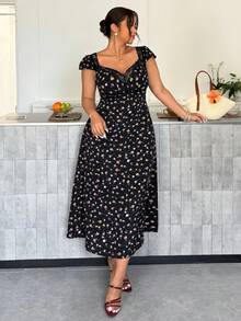 Firerie Plus Size Women Floral Contrast Lace Trim Elegant Dress - Navy Blue - View 9