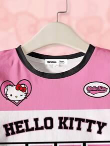 HELLO KITTY AND FRIENDS | SHEIN 青少年女孩卡通文字图案圆领短袖舒适休闲运动T恤，夏季 - 白色 - 查看 3