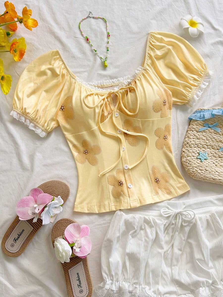 Soleia 女款花卉印花前綁帶上衣,適用派對、度假、生日、外出、約會、返校 - 黃色 - 查看 1
