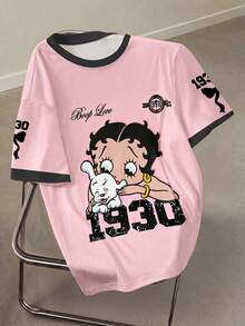 Betty Boop x SHEIN Kaos Lengan Pendek Leher Bulat Kasual Musim Panas Ukuran Plus dengan Motif Grafis dan Trim Kontras - Putih - View 1