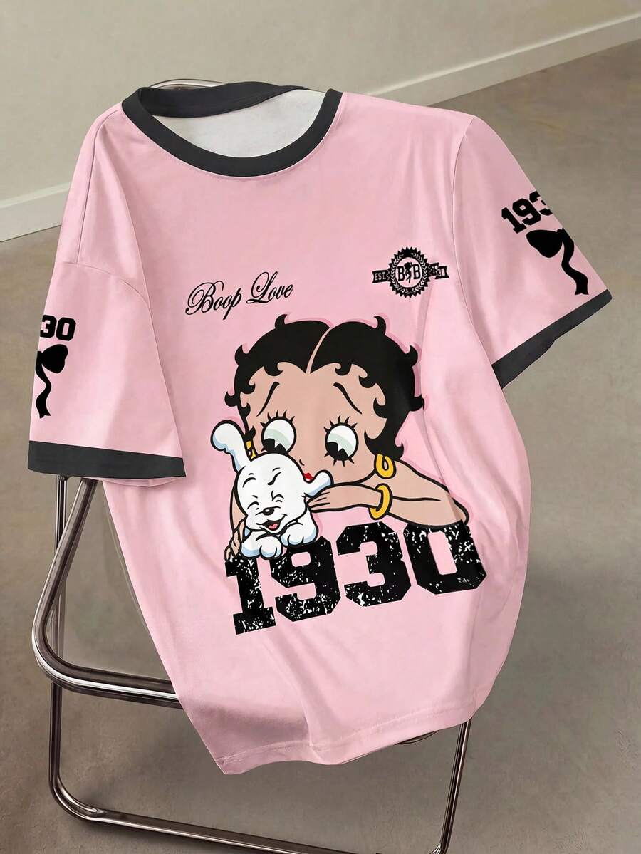 Betty Boop x SHEIN Kaos Lengan Pendek Leher Bulat Kasual Musim Panas Ukuran Plus dengan Motif Grafis dan Trim Kontras - Putih - View 1