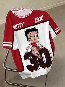 Betty Boop x SHEIN 男士休闲宽松卡通人物及数字印花撞色短袖T恤，时尚街头风，夏季 - 白色 - 查看 1