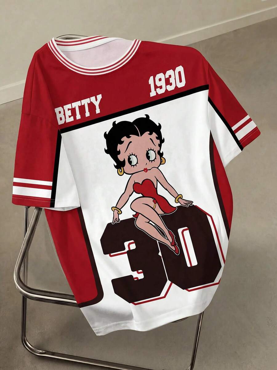 Betty Boop x SHEIN 男士休闲宽松卡通人物及数字印花撞色短袖T恤,时尚街头风,夏季 - 白色 - 查看 1