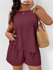 SHEIN Frenchy Plus Size Women Solid Color Camisole Top And Shorts Casual Daily 2-Piece Set - Purple - View 4