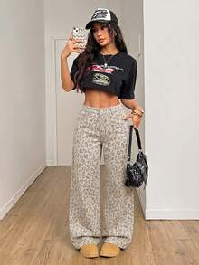 SHEIN PETITE 女款豹紋印花口袋鈕扣休閒百搭日常穿著牛仔褲 秋季教師褲 - 彩色 - 查看 7