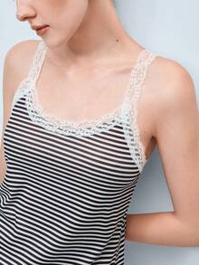 Softvol Women's Pajama Set Contrast Lace Striped Camisole Top And Shorts, Spring/Summer - Grey - View 7