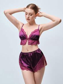 Softvol 2件組女款紫色蕾絲拼接側開衩休閒睡衣套裝，居家服套裝 - 紫色 - 查看 4