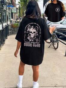 NostaNoir 女款休閒寬鬆 T-shirt，印有標語與骷髏圖案，街頭風，適合夏季與萬聖節 - 黑色 - 查看 4