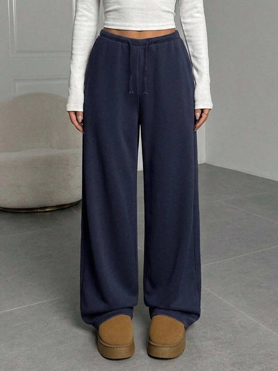 SHEIN Girlism 青少年女孩針織寬鬆休閒抽繩腳踝長褲 冬季 - 藏蓝色 - 查看 1