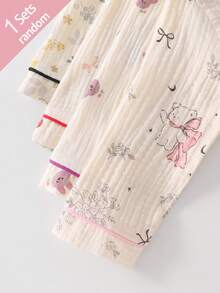 SHEIN Baby Girls' Random 1 Set Pajama Set, Featuring Classic Collar Design, Contrast Trim, And Playful Prints Like Floral, Bear, Bow, Strawberry, Rabbit, Surprise Blind Box Random Assortment - Multicolor - View 5