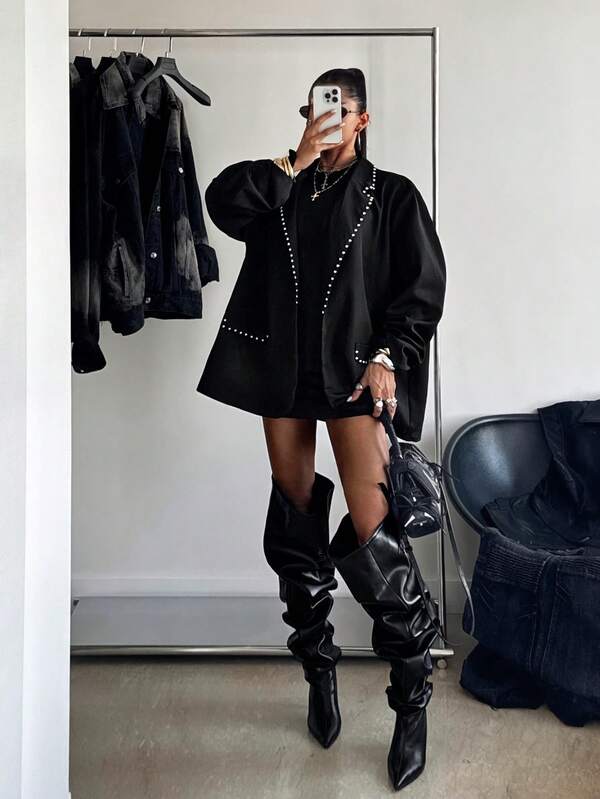 StreetHx Women's Street Subculture Punk Studded Decor Loose Casual Blazer