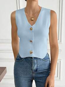 Serisse Casual Versatile Commute Solid Color Knit Vest - Baby Blue - View 5