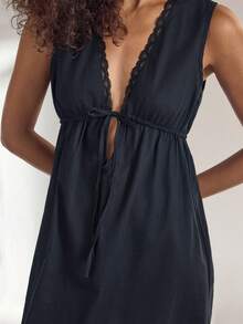 Ocili Women's Solid Color Sleeveless Tie Nightgown - Black - View 5