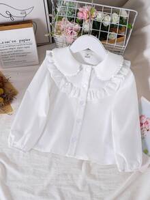 SHEIN Young Girl Young Girl Woven Solid Color Peter Pan Collar Casual Shirt - White - View 5